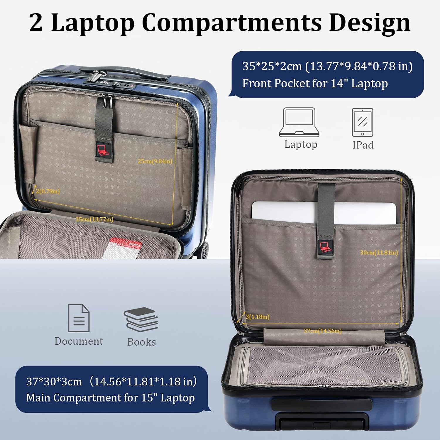 Kaleenie 16' Carry On Briefcase Luggage with 2 Laptop Compartments, Lightweight Hardshell Suitcase with Spinner Silent Wheels, for Commute Work Business Trip, Dark Blue