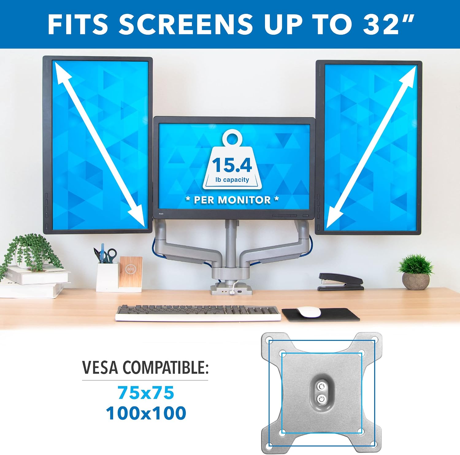 Mount-It! Triple Monitor Mount with Gas Spring Arms, Fits 24–32 Inch Screens, USB & Audio Ports, Full Motion Desk Stand with Tilt, Swivel & Rotation, Heavy Duty Silver 3 Screen Arm with Clamp
