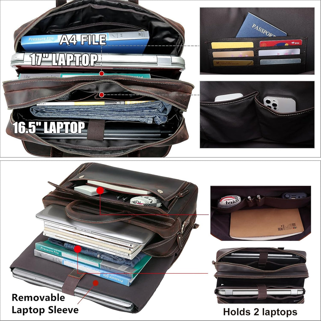 Masa Kawa Leather Briefcase for Men 15.6', 17' Laptop Computer Case Business Travel Work Messenger Cross Body Shoulder Bag