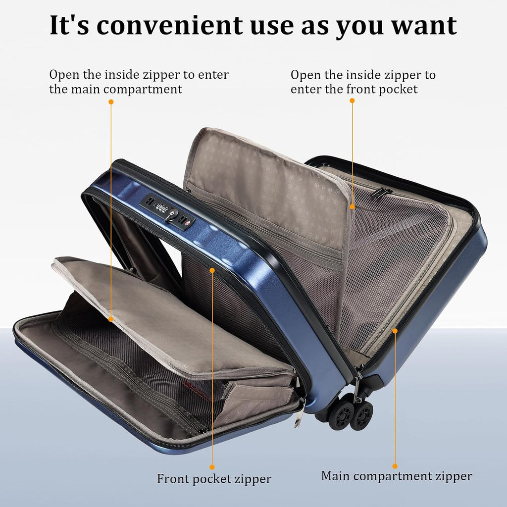 Kaleenie 16' Carry On Briefcase Luggage with 2 Laptop Compartments, Lightweight Hardshell Suitcase with Spinner Silent Wheels, for Commute Work Business Trip, Dark Blue