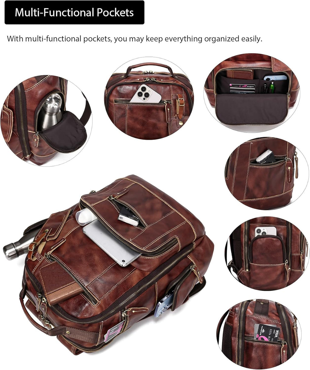 LANNSYNE Full Grain Leather Backpack For Men, Fits 16' Laptop, Coffee
