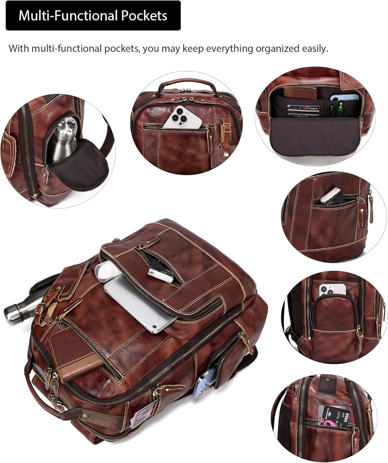 LANNSYNE Full Grain Leather Backpack For Men, Fits 16' Laptop, Coffee