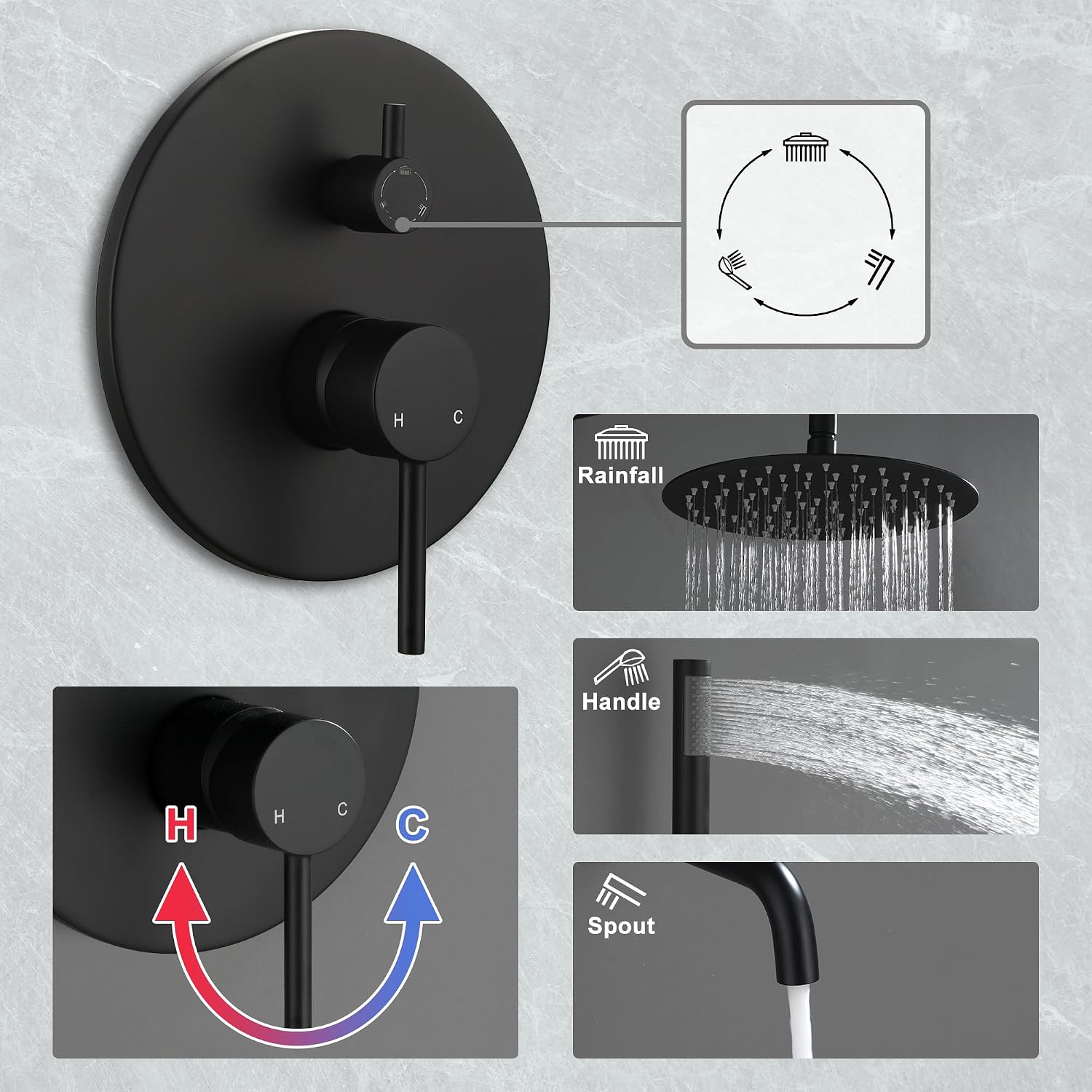 MONDAWE Round Shower Faucet Set with Tub Spout, Wall Mounted Shower System 10 Inch Rainfall Shower Head with Handheld Combo, Matte Black High Pressure Shower Faucets Sets Complete