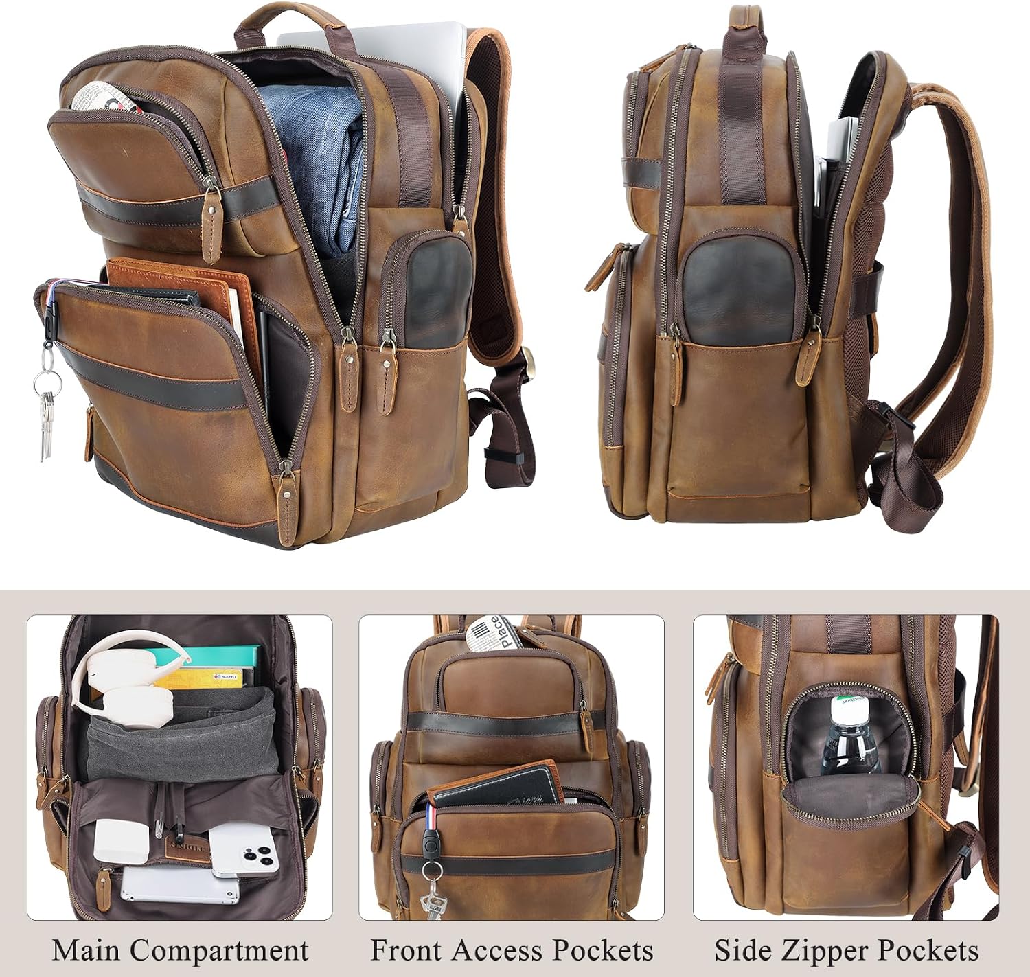 TIDING Men's Vintage Leather Backpack 15.6' Laptop Bag Large Capacity Business Travel Hiking Shoulder Daypacks