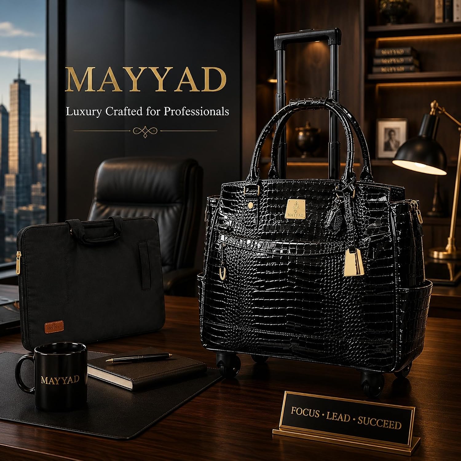 Rolling Laptop Bag for Women with Wheels & Handle Luxury Pure Leather Embossed Work Bag with Laptop Sleeve Travel Briefcase