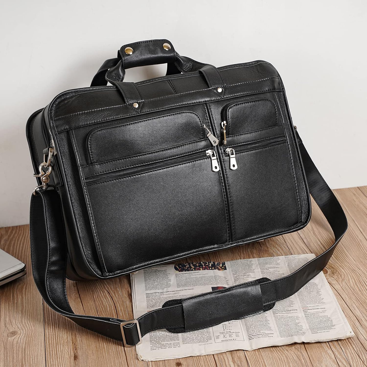 Men's Full Grain Leather Briefcase Large 17 Inch Business Travel Laptop Messenger Bag Tote with YKK Metal Zippers