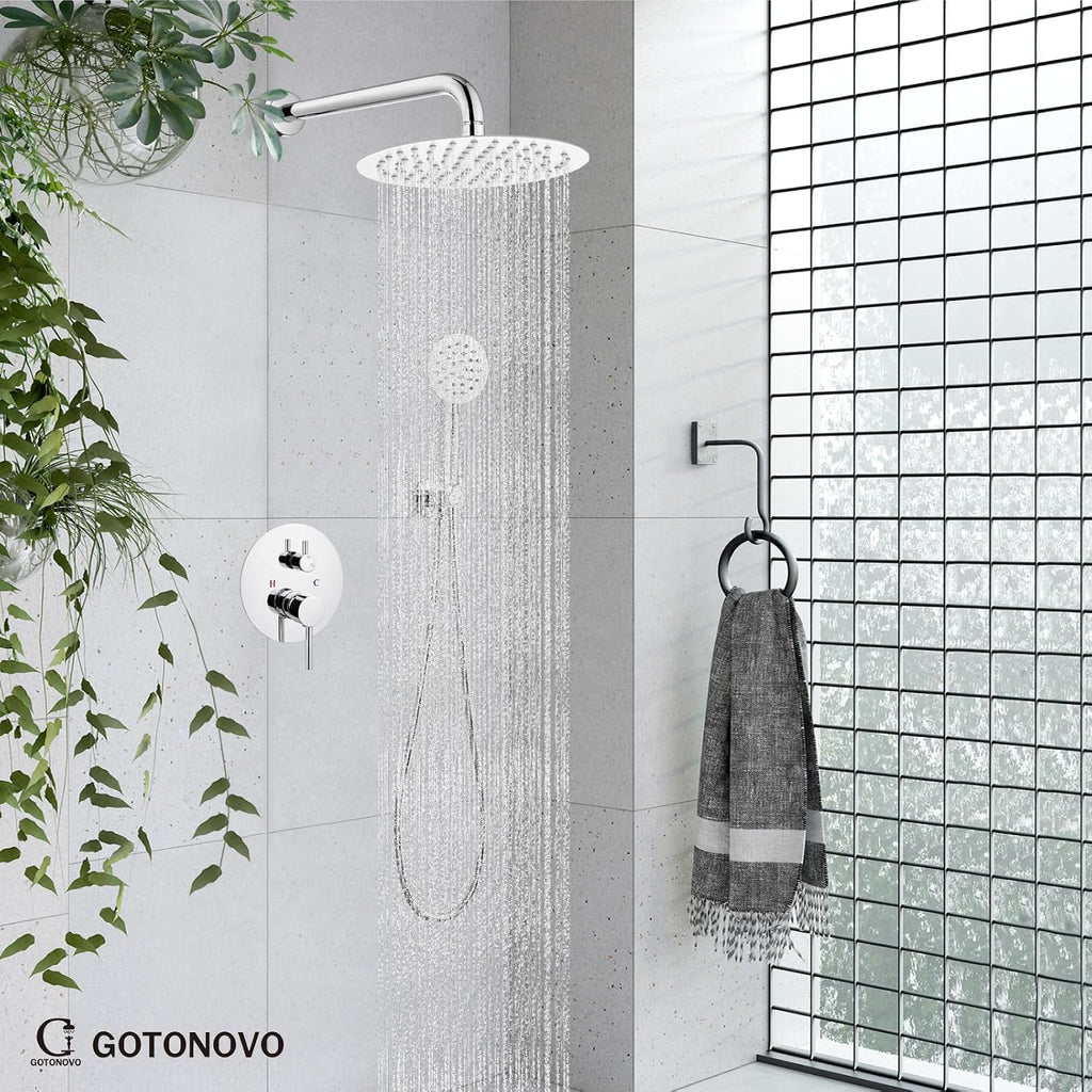 gotonovo Rain Shower System with 10 Inch Round Showerhead and Handheld High Pressure Shower Faucet Set Contain Rough in Valve, Polish Chrome