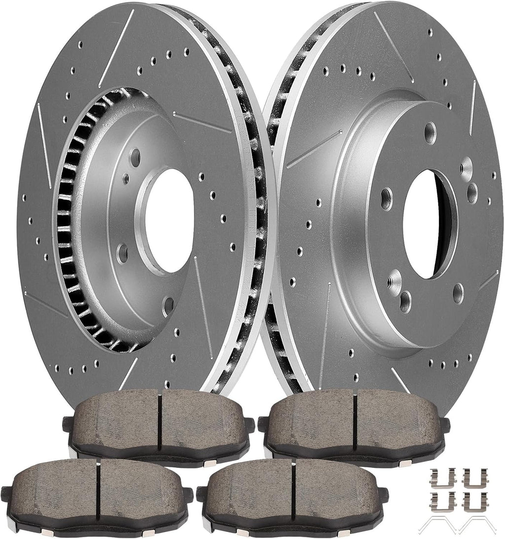 SCITOO Brake Kits For Hyundai For Elantra GT,For Kona,For Kia For Forte,For Forte5,For Seltos,For Soul Front Drilled & Slotted Disc Brakes Rotors and Semi Metallic Brakes Pads 31584;D2094