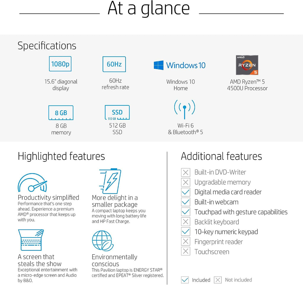 HP Pavilion 15.6' FHD 1920 x 1080 Laptop AMD Ryzen 5 5500U 8GB SDRAM 512GB SSD Windows 10 Horizon Blue