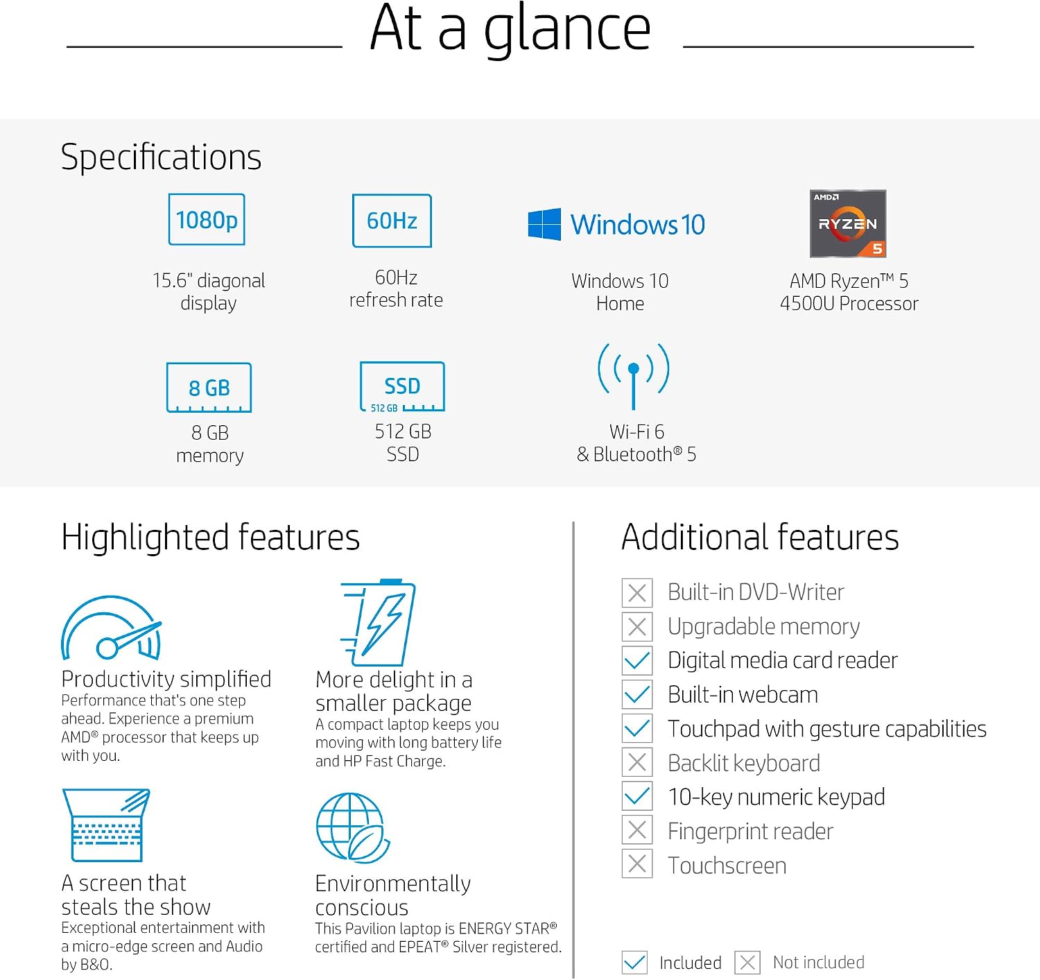 HP Pavilion 15.6' FHD 1920 x 1080 Laptop AMD Ryzen 5 5500U 8GB SDRAM 512GB SSD Windows 10 Horizon Blue