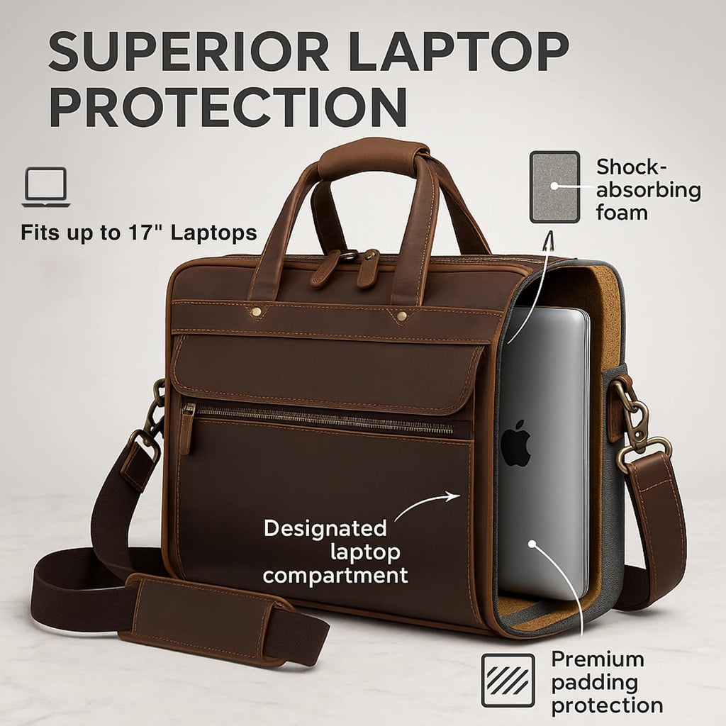 Luxorro Professional Leather Briefcase for Men with YKK Zippers – TSA-Friendly, Fits 17' Laptop, Handcrafted Full-Grain Leather, Ideal Executive Gift (Dark Brown)