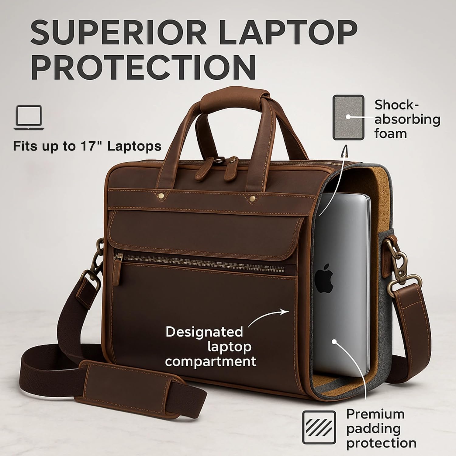 Luxorro Professional Leather Briefcase for Men with YKK Zippers – TSA-Friendly, Fits 17' Laptop, Handcrafted Full-Grain Leather, Ideal Executive Gift (Dark Brown)
