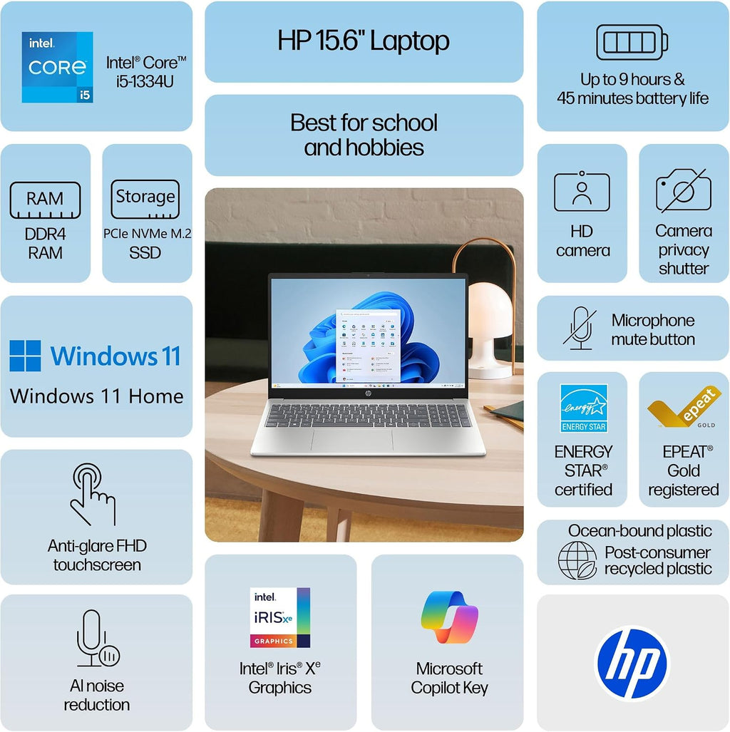 HP 15.6' Touchscreen Laptop Computer for Home Student Business, 13th Gen Intel 10-Core i5-1334U, 16GB DDR4 RAM, 512GB PCIe SSD, FHD, WiFi 6, Bluetooth 5.4, Copilot AI, Windows 11 Home