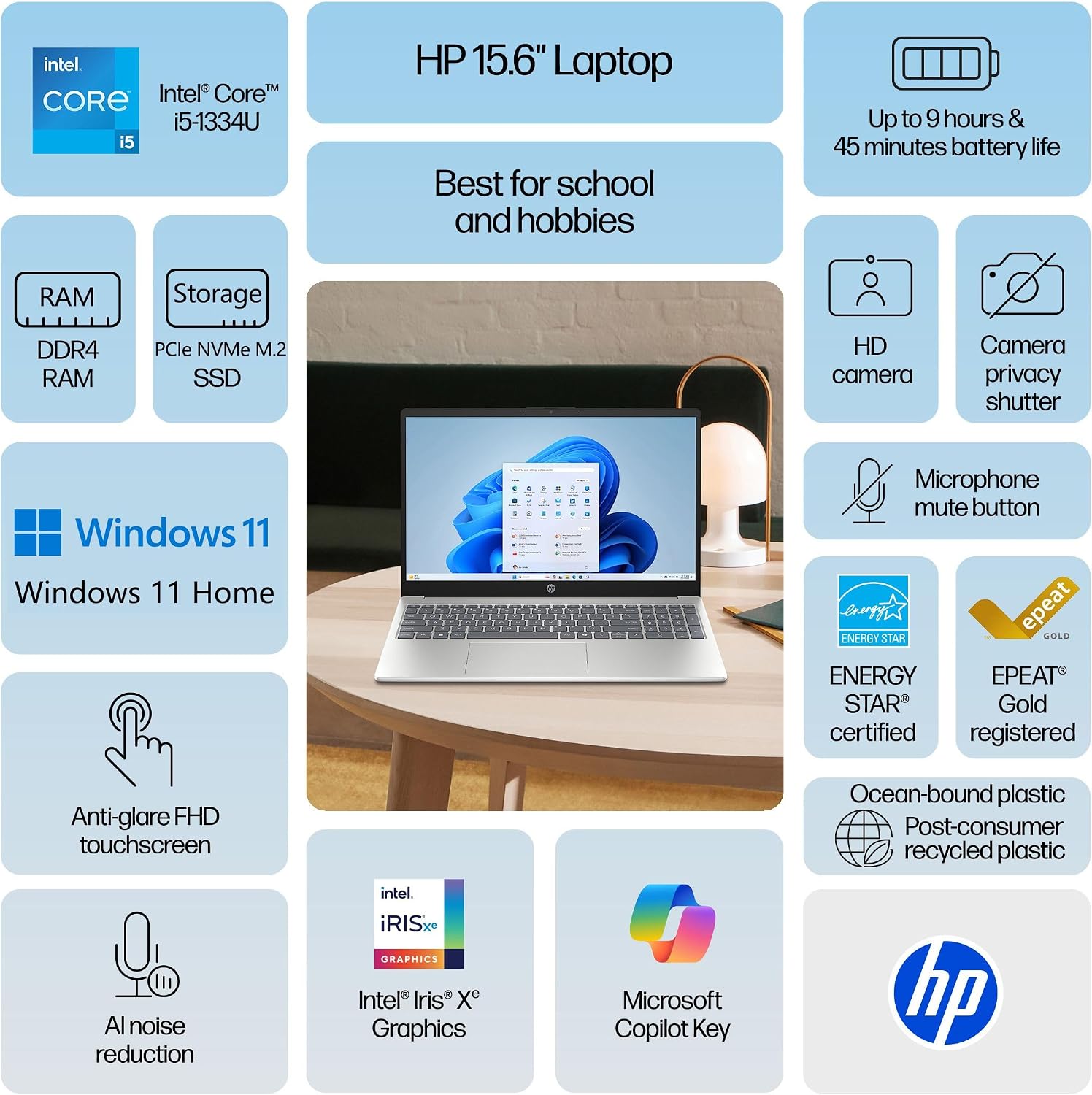 HP 15.6' Touchscreen Laptop Computer for Home Student Business, 13th Gen Intel 10-Core i5-1334U, 16GB DDR4 RAM, 512GB PCIe SSD, FHD, WiFi 6, Bluetooth 5.4, Copilot AI, Windows 11 Home