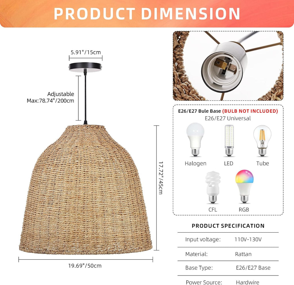 Arturesthome Large Woven Pendant Light for Kitchen Island,Rustic Farmhouse Rattan Chandelier Wicker Basket Ceiling Hanging Lamp for Dining Room Bedroom,Entryway,Foyer 19.6'*17.6'