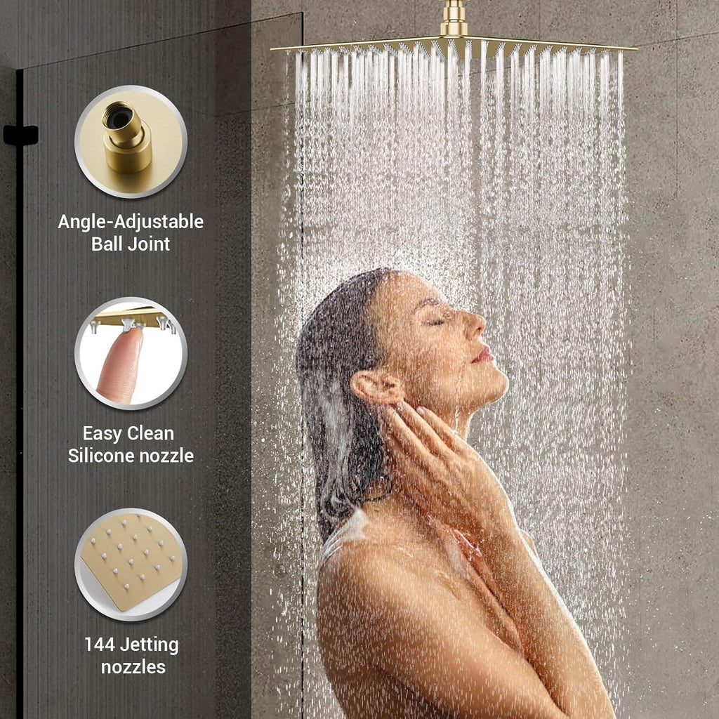 DASAN Full Body Shower System with 6 PCS Body Spray Jets & 12'' Rain Overhead Shower & Handheld, In-Wall Rain Shower System Brushed Gold Shower Faucets Sets Complete with Valve, SA-SS03ABG-S12W