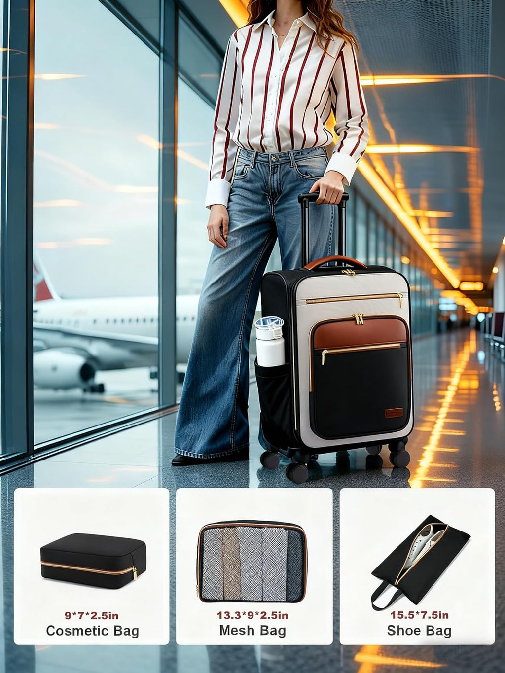 LOVEVOOK Carry on Suitcase 22x14x9 Airline Approved,20 inch Lightweight Waterproof Suitcases with 360° silent swivel wheels, TSA Lock and Compartment, Large Capacity travel Suitcase Black-White-brown