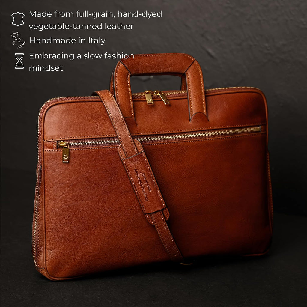 Time Resistance Slim Leather Briefcase - Italian Handmade Leather Computer Bag - Briefcase for Men and Women - Laptop Bag