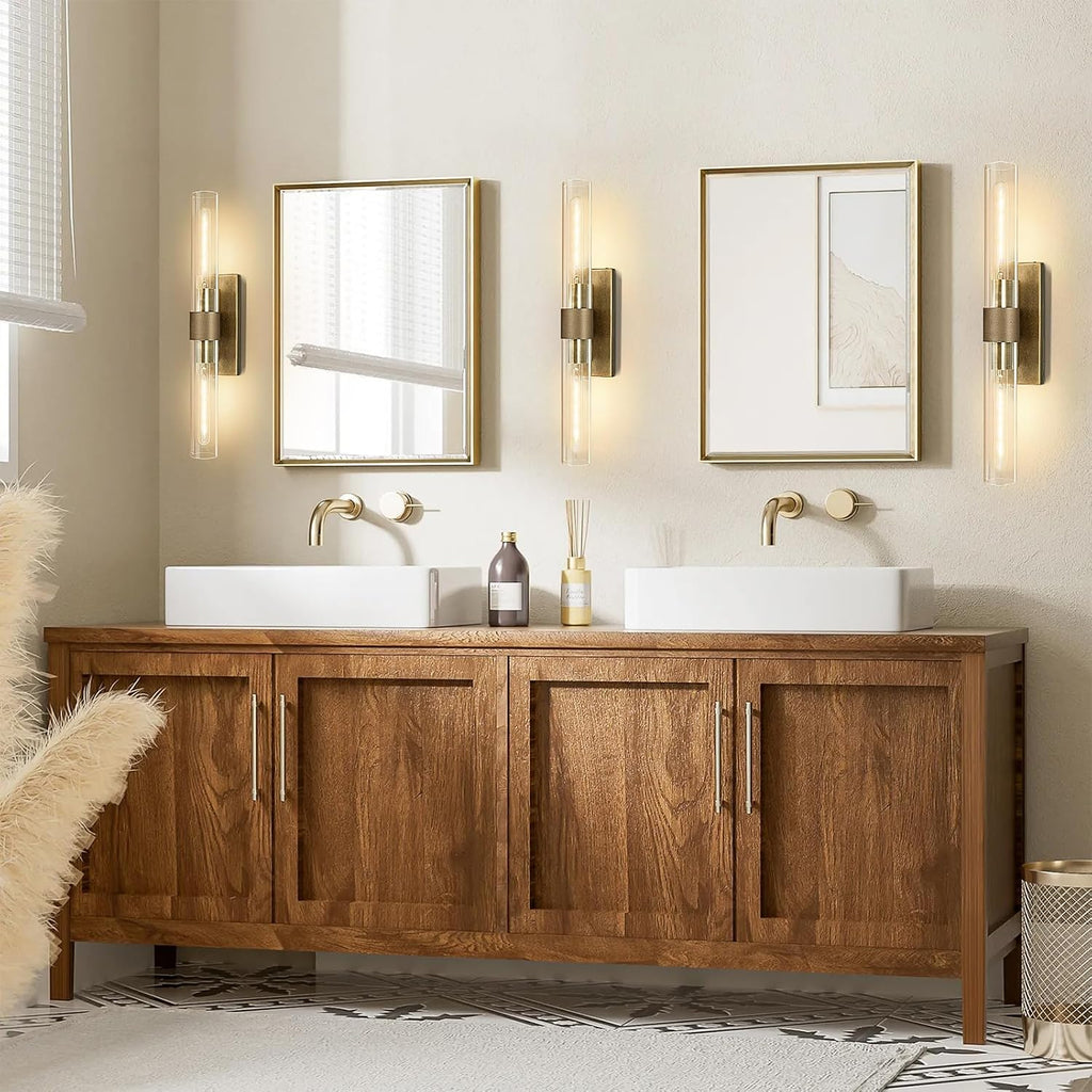 Wall Sconces Set of Two, Gold Bathroom Sconces Wall Lighting with Clear Glass, Modern Sconces Wall Decor Light Fixtures for Bathroom Mirror Living Room Hallway Bedroom