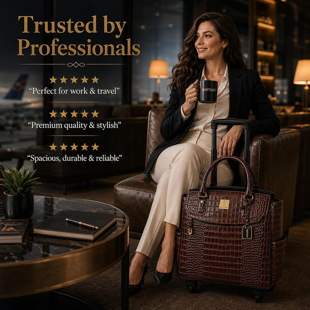 Rolling Laptop Bag for Women with Wheels & Handle Luxury Pure Leather Embossed Work Bag with Laptop Sleeve Travel Briefcase