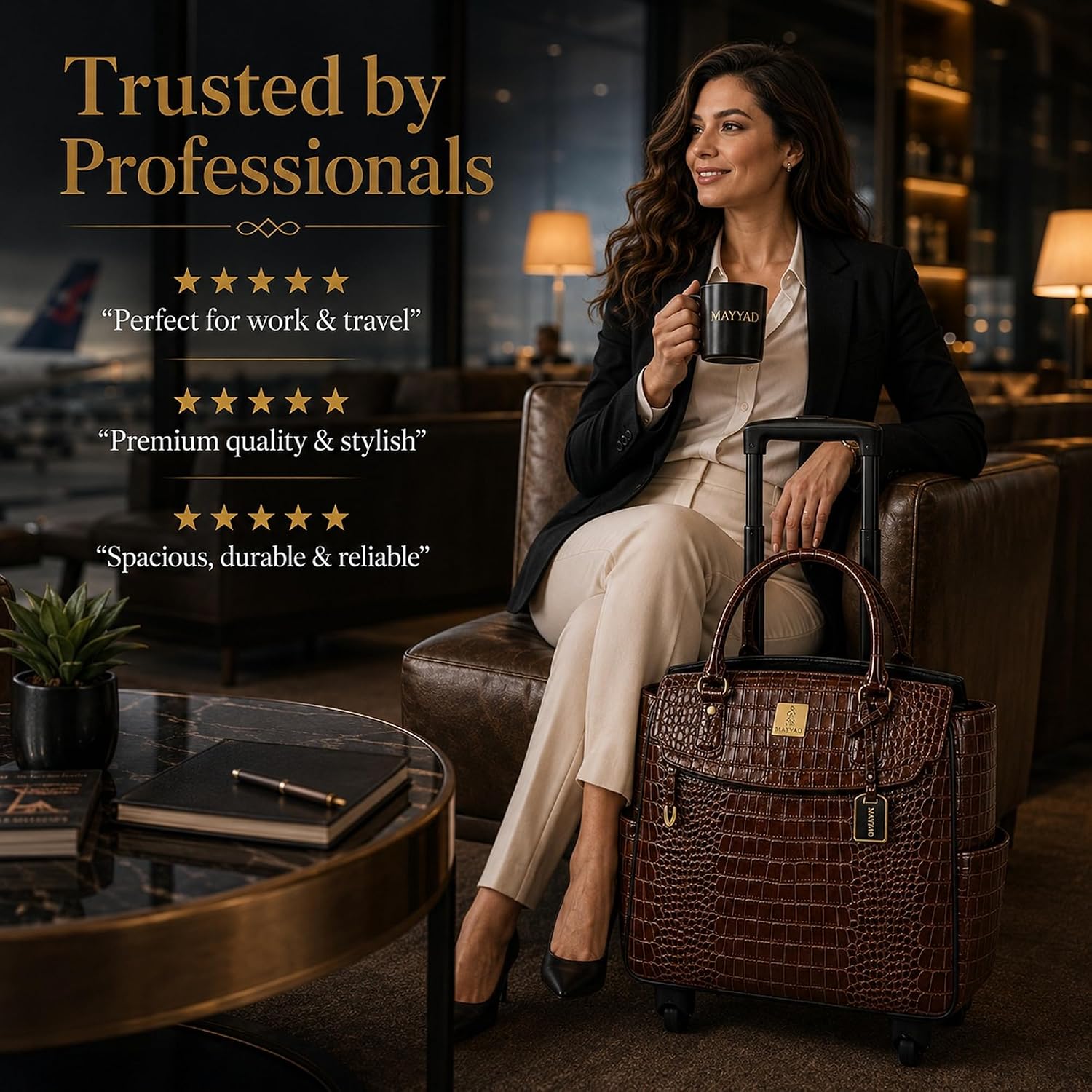 Rolling Laptop Bag for Women with Wheels & Handle Luxury Pure Leather Embossed Work Bag with Laptop Sleeve Travel Briefcase