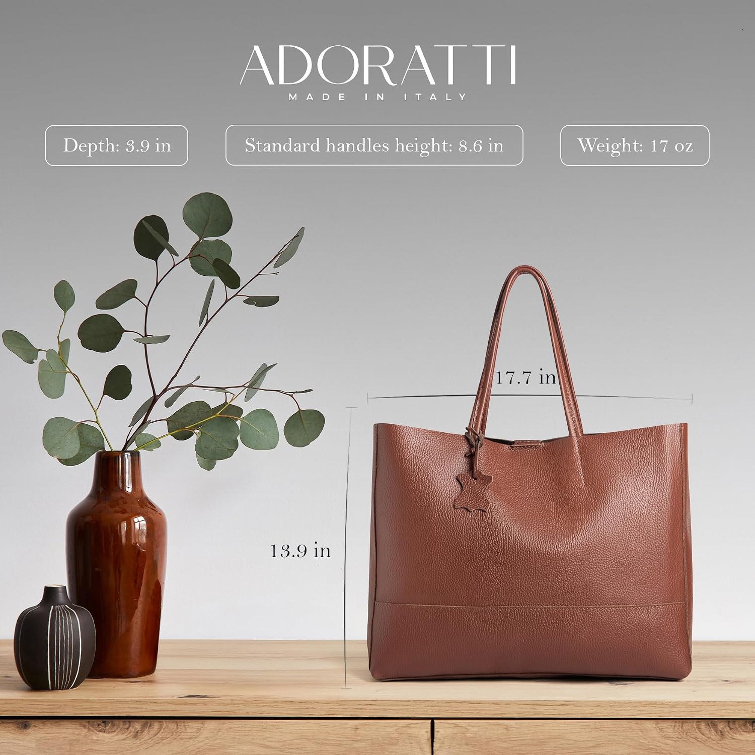 Italian Leather Tote Bag for Women - Large Shoulder Shopper, Fits 16' Laptop, Keychain Holder, Made in Italy