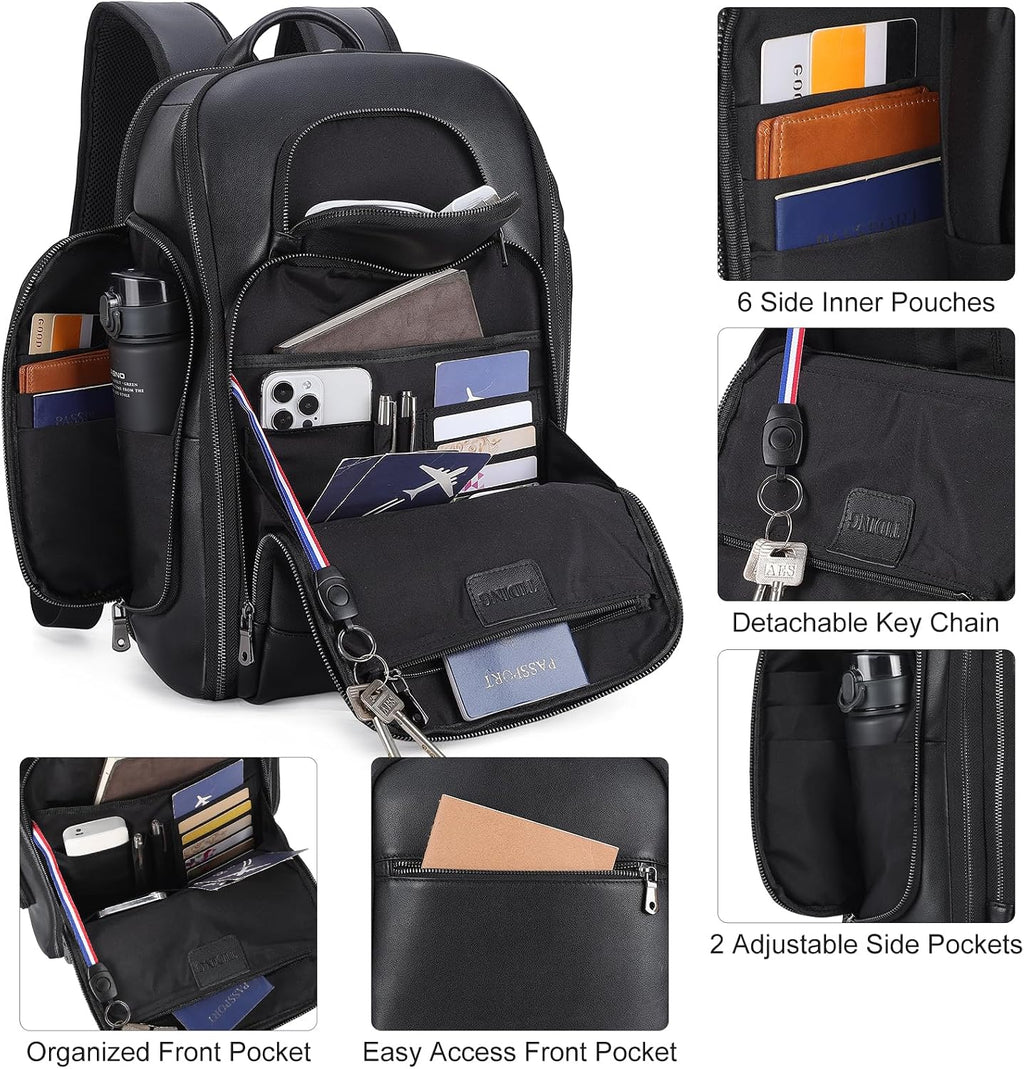 TIDING Men's Leather Laptop Backpack Fits 15.6 Inch Computer, TSA Approved & Water Resistant Work Daypack Business Travel Rucksack, Black