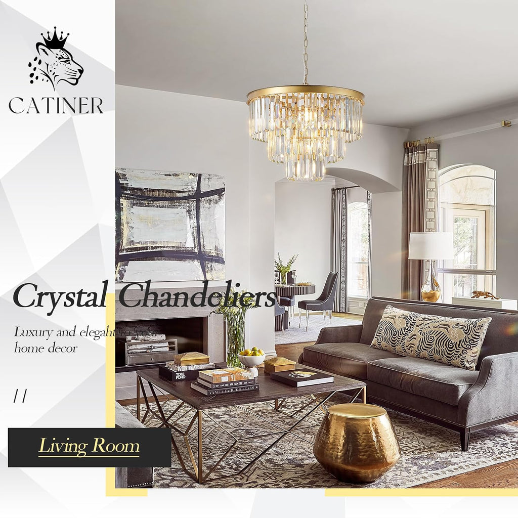 CATINER Modern Crystal Chandeliers,Gold 20' Round Chandeliers for Dining Room 3 Tiers 7 Lights Luxury K9 Crystal Ceiling Pendant Light Fixture for Foyer Bedroom Closet