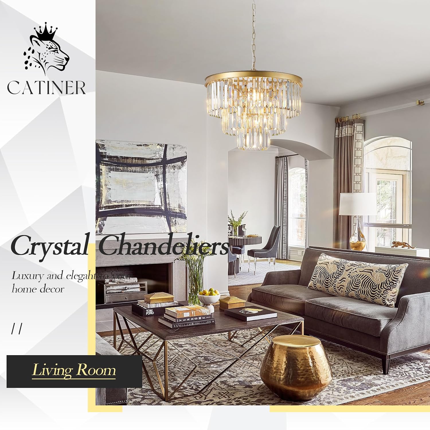 CATINER Modern Crystal Chandeliers,Gold 20' Round Chandeliers for Dining Room 3 Tiers 7 Lights Luxury K9 Crystal Ceiling Pendant Light Fixture for Foyer Bedroom Closet