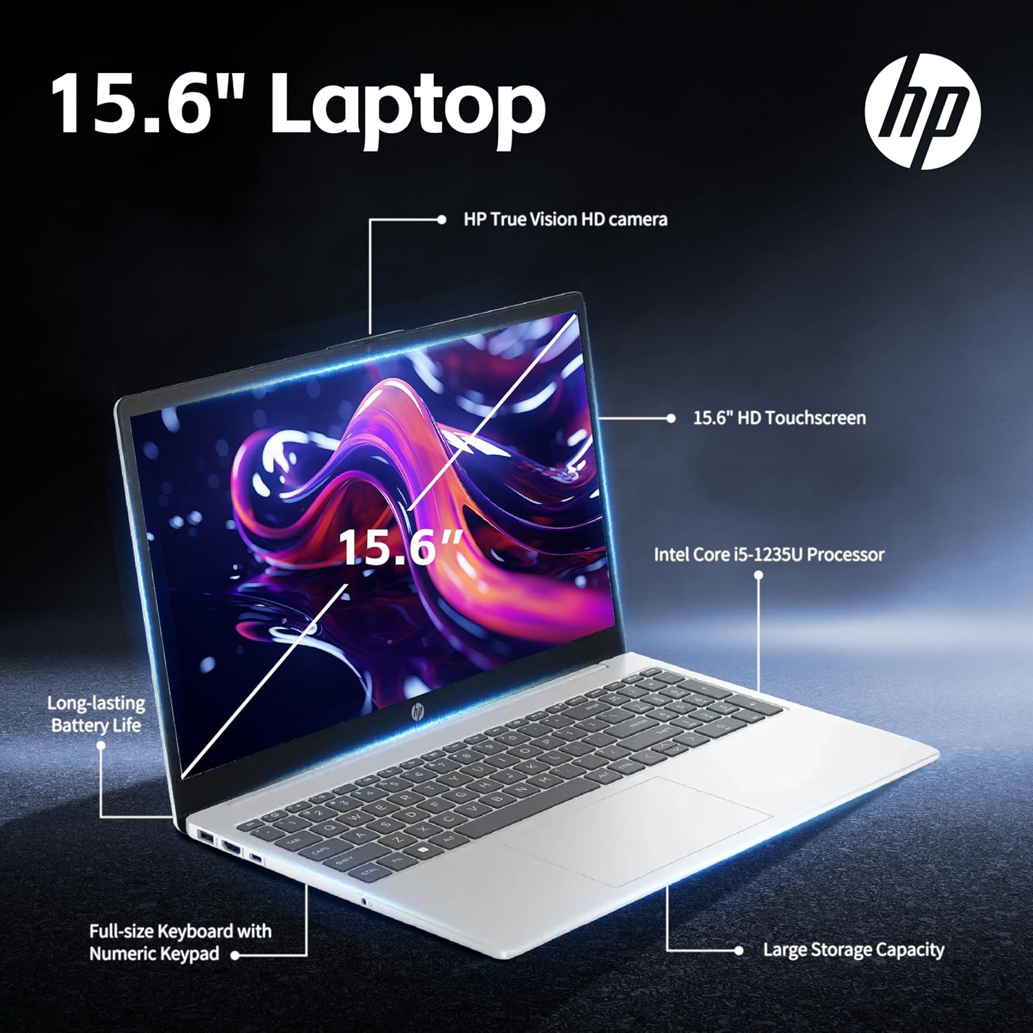 HP 15.6 inch Laptop, Intel i5 Processor Up to 4.4 GHz, 64GB RAM, 2TB SSD, HD Touch Screen, Intel Iris Xe Graphics, Windows 11 Home, Webcam, Wi-Fi, Bluetooth, Natural Silver, Alpacatec Accessory