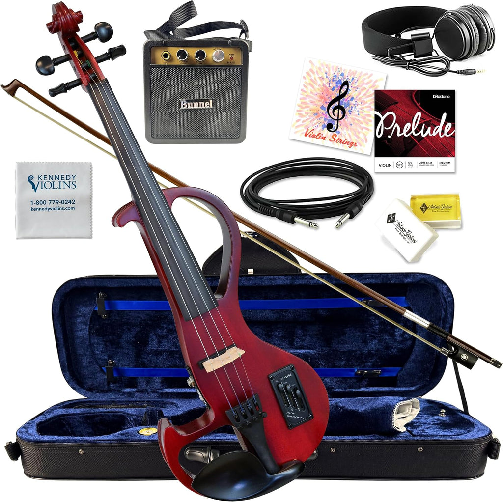 Electric Violin Bunnel Edge Outfit 4/4 Full Size (Clear) (RED) — With Carrying Case and Accessories Included - Headphone Jack - Mini Amp - Piezo Ceramic Pick-Up from Kennedy Violins