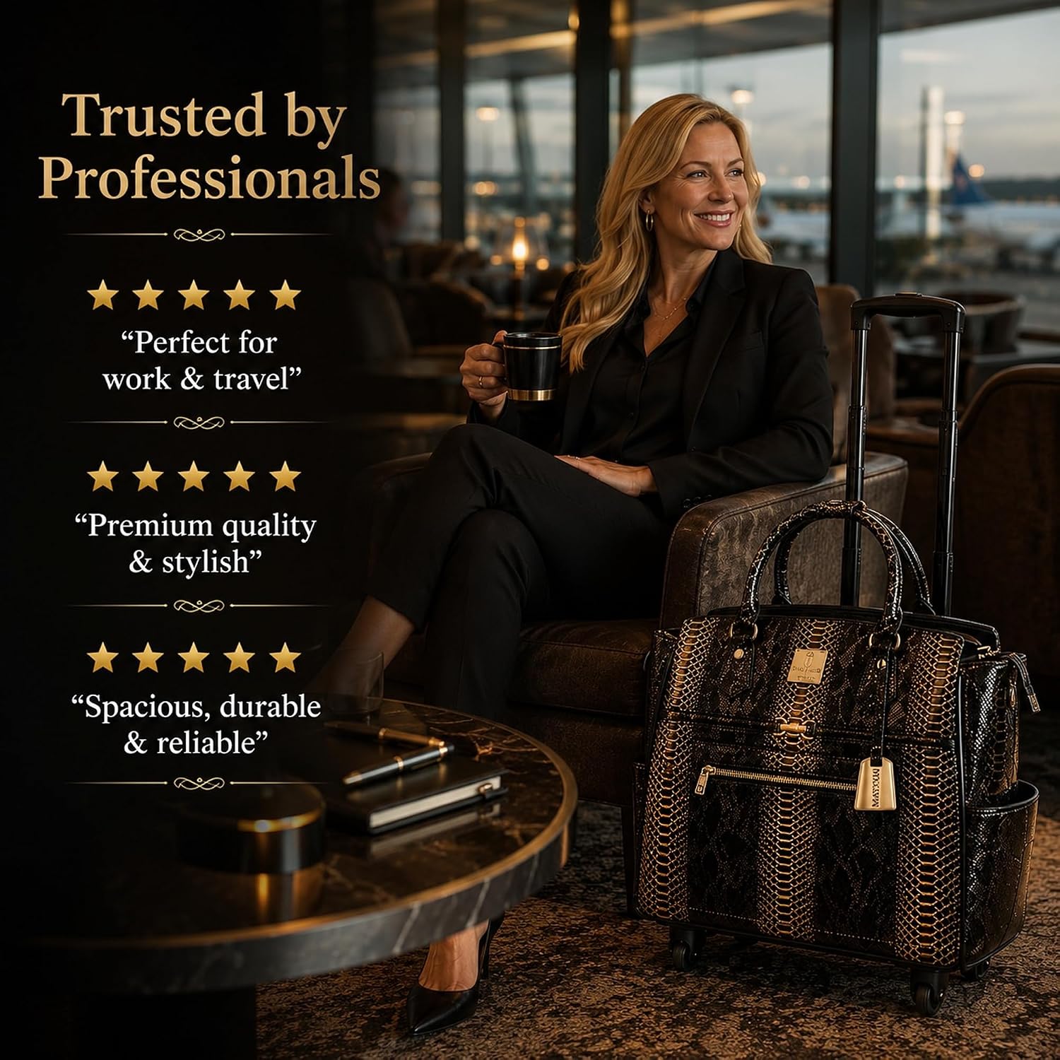 Rolling Laptop Bag for Women with Wheels & Handle Luxury Pure Leather Embossed Work Bag with Laptop Sleeve Travel Briefcase