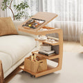 AQIMUELE Wooden C-Shaped End Table,Couch Desk with 2 Lockable Wheels,4-Tier Couch Table with Storage Bag,Small Rolling Side Table Tv Trays for Couch, Living Room,Bedroom (Natural)