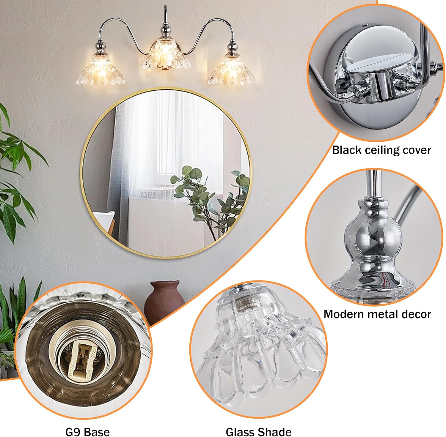Chrome Bathroom Vanity Lights Modern Crystal Vanity Lighting Fixtures 3-Lights Bathroom Lights for Bathroom Bedroom Kitchen Living Room Dining Room