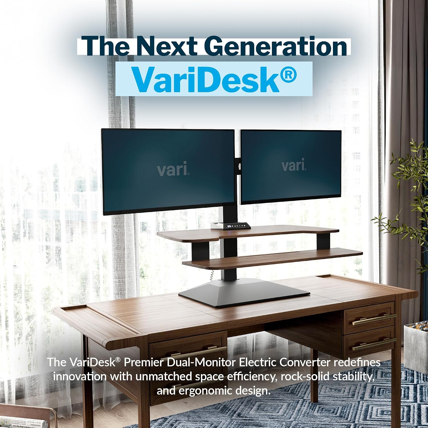 Vari VariDesk Premier Electric Converter -All-in-One Standing Desk Height Adjustable Riser - USB-A & USB-C - Ideal for Home Office Workspace - Dual Monitor Mount Computer Workstation (Walnut)