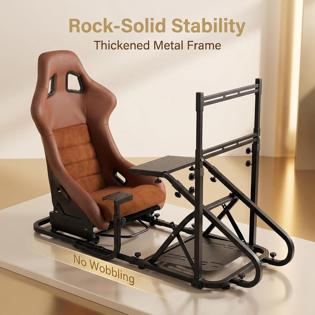 Racing Simulator Cockpit with Monitor Mount and Stronger Fiberglass Brown Mesh Fabric Bucket Seat, Racing Wheel Stand Compatible with Fanatec, Thrustmaster, Logitech, Moza Racing Games on PS5, PS4, Xbox and PC