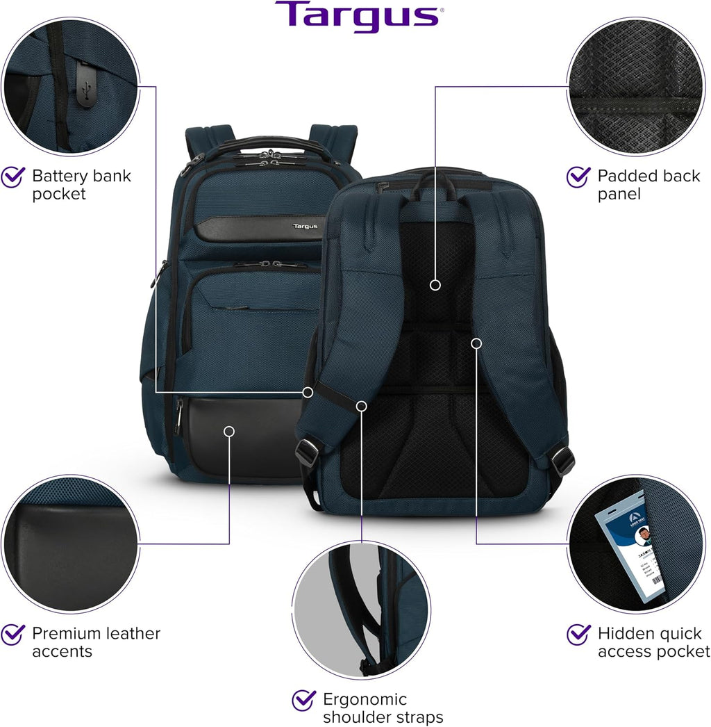 Targus HeritageLuxe Backpack 15-16' – Blue Laptop Bag with SafeSling Protection, RFID Pocket, USB-C Charging, Tracker Slot, Eco Fabric, Leather Accents - TBB65602GL