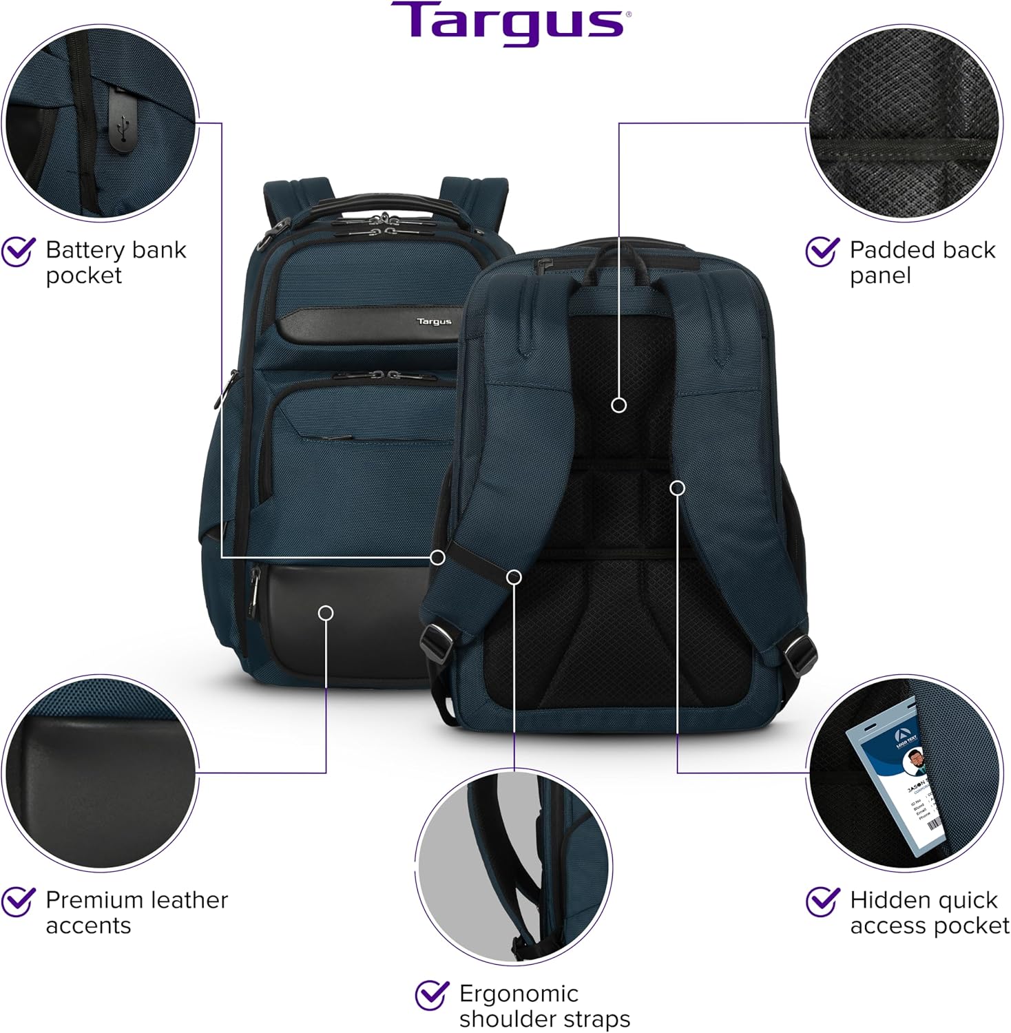 Targus HeritageLuxe Backpack 15-16' – Blue Laptop Bag with SafeSling Protection, RFID Pocket, USB-C Charging, Tracker Slot, Eco Fabric, Leather Accents - TBB65602GL