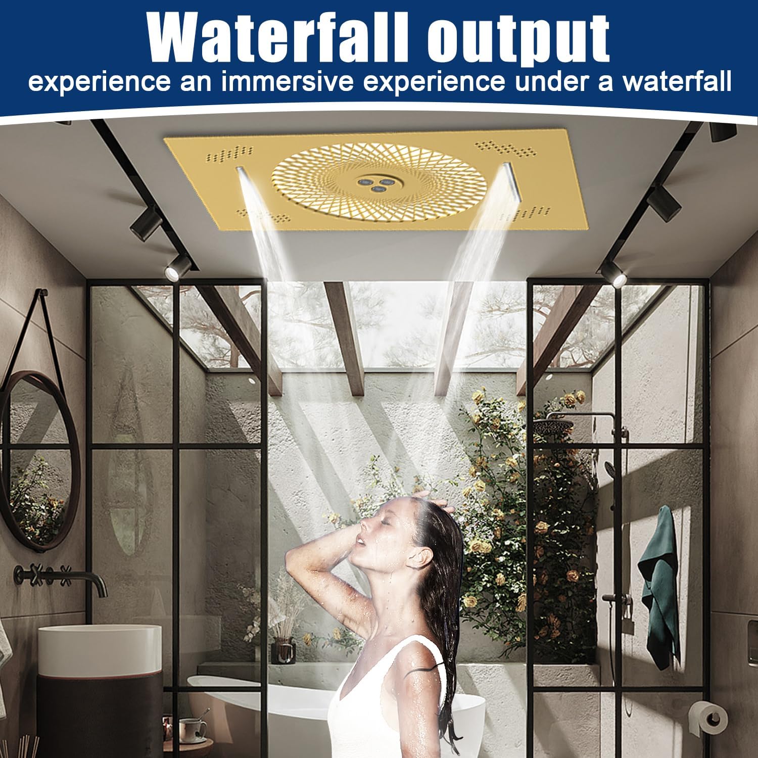 24x16 inch LED Shower head, 2 Function Stainless Steel Rectangle Waterfall And Mist Ceiling Mount Shower Head, 600 * 405mm Spray Waterfall Shower Head with Remote Control, Brushed Gold