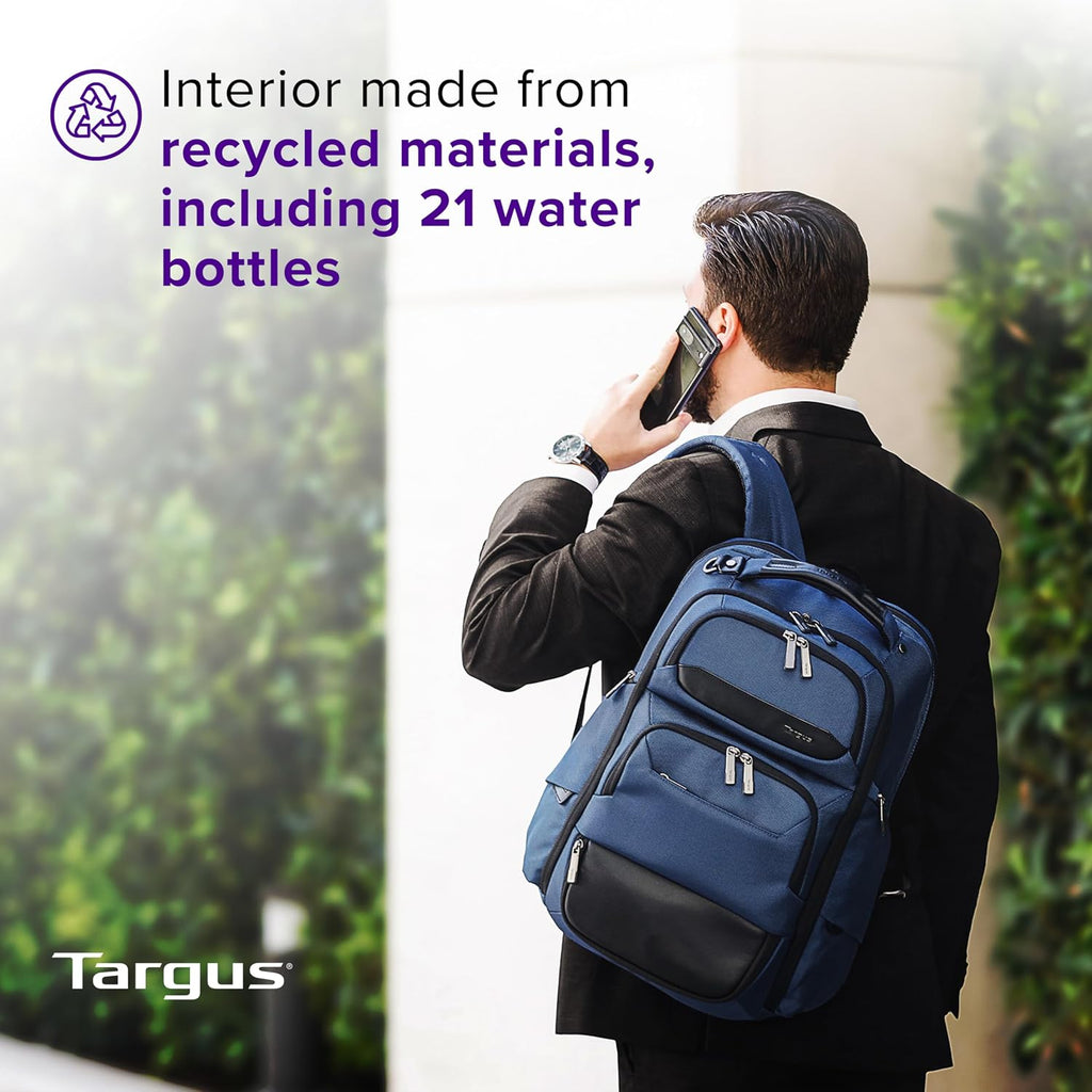Targus HeritageLuxe Backpack 15-16' – Blue Laptop Bag with SafeSling Protection, RFID Pocket, USB-C Charging, Tracker Slot, Eco Fabric, Leather Accents - TBB65602GL