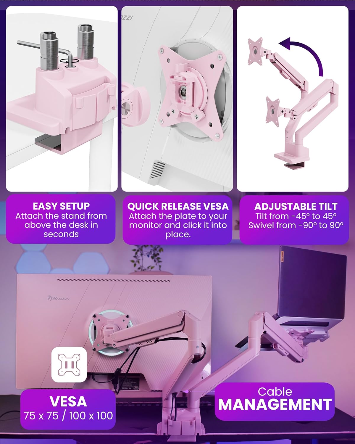 Arozzi Alzare Neo Duo Dual Gas Spring Monitor Arm - 2 Independent Arms, 17':34' Monitors, VESA 75/100, 360 Rotation, Up to 20 lbs Each, Cable Management, C-Clamp & Grommet Included - Pink