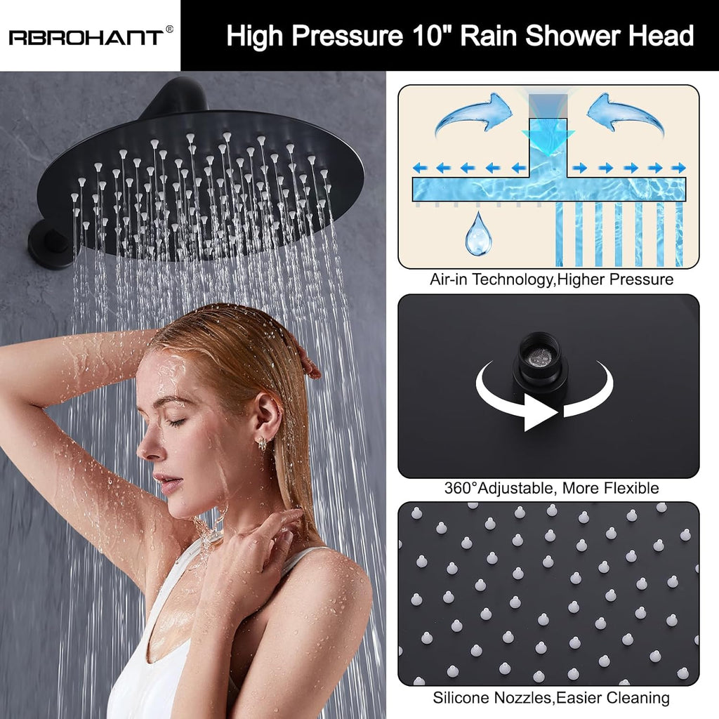 RBROHANT Matte Black Shower System with Tub Spout, Brass Bathtub Shower Faucet Set with 3 Way Rough-in Valve,10 Inch Round Shower Head Set with Tub Spout and Handheld, JK0300