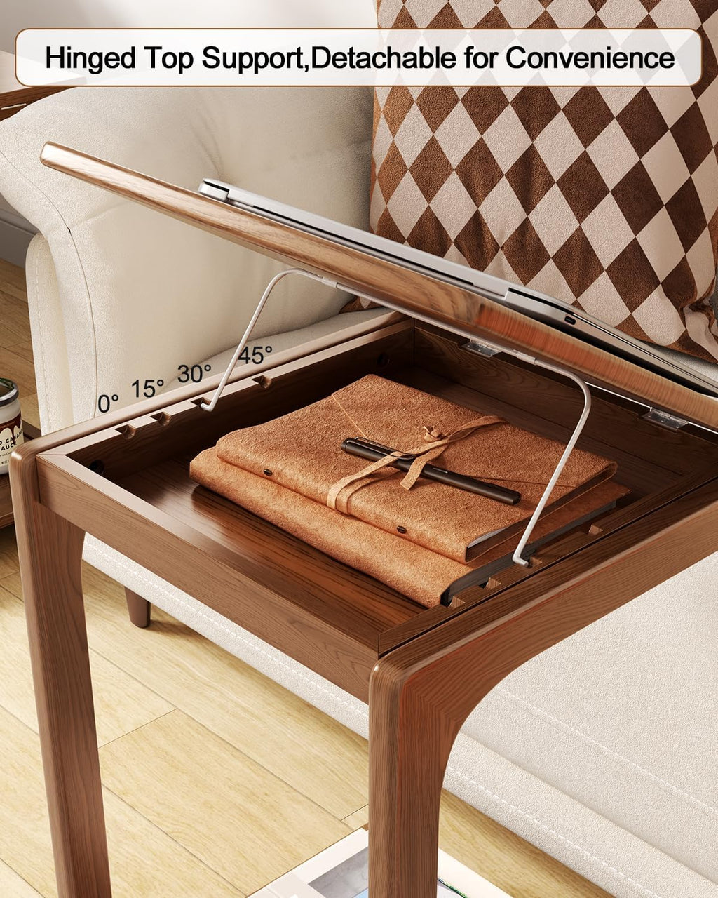 AQIMUELE Wooden C-Shaped End Table,Couch Table with Adjustable Desktop,Small Rolling Side Table with 2 Lockable Wheels,Small End Table for Couch, Living Room,Bedroom (Walnut)