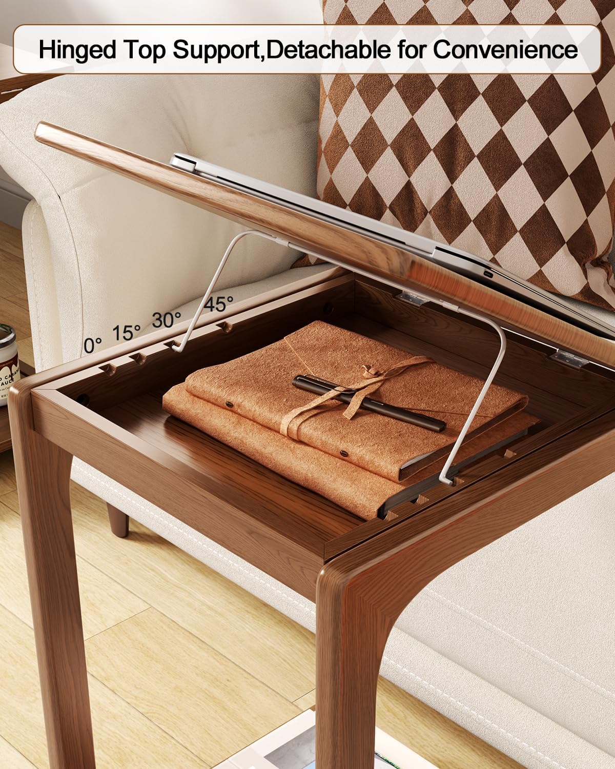 AQIMUELE Wooden C-Shaped End Table,Couch Table with Adjustable Desktop,Small Rolling Side Table with 2 Lockable Wheels,Small End Table for Couch, Living Room,Bedroom (Walnut)