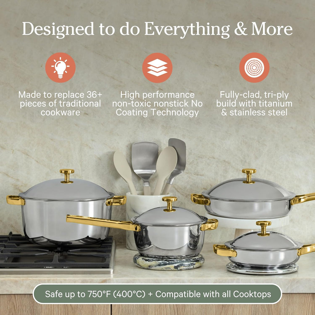 Our Place Titanium Pro Cookware Set | 10-Piece Pots and Pans Set with Always Pan Pro, Perfect Pot Pro & Minis | Non-Toxic No-Coating Nonstick | Induction & Oven-Safe up to 750°F | Gold