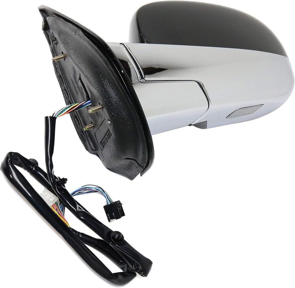 Kool Vue Driver Side Power Heated Mirror, Fits Cadillac Escalade ESV 2007-2014, Side Mirror Replacement, Power Fold With Signal Light, Without Blind Spot Monitor, Chrome