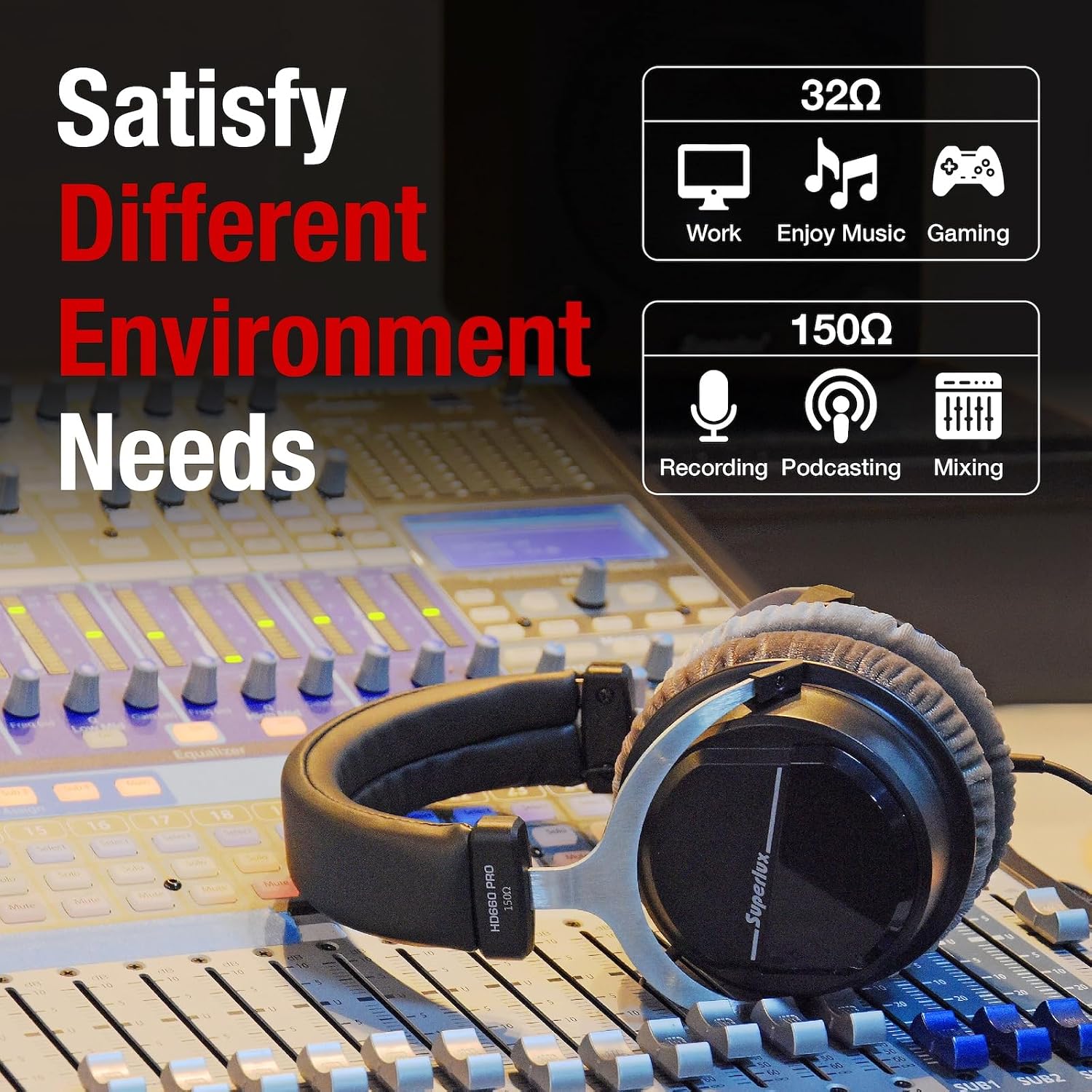 Superlux HD 660PRO, 150 ohms, Studio Recording Headphones Wired, Professional Closed-Back Headphones with HA4D 4-Channel Premium Headphone Amplifier