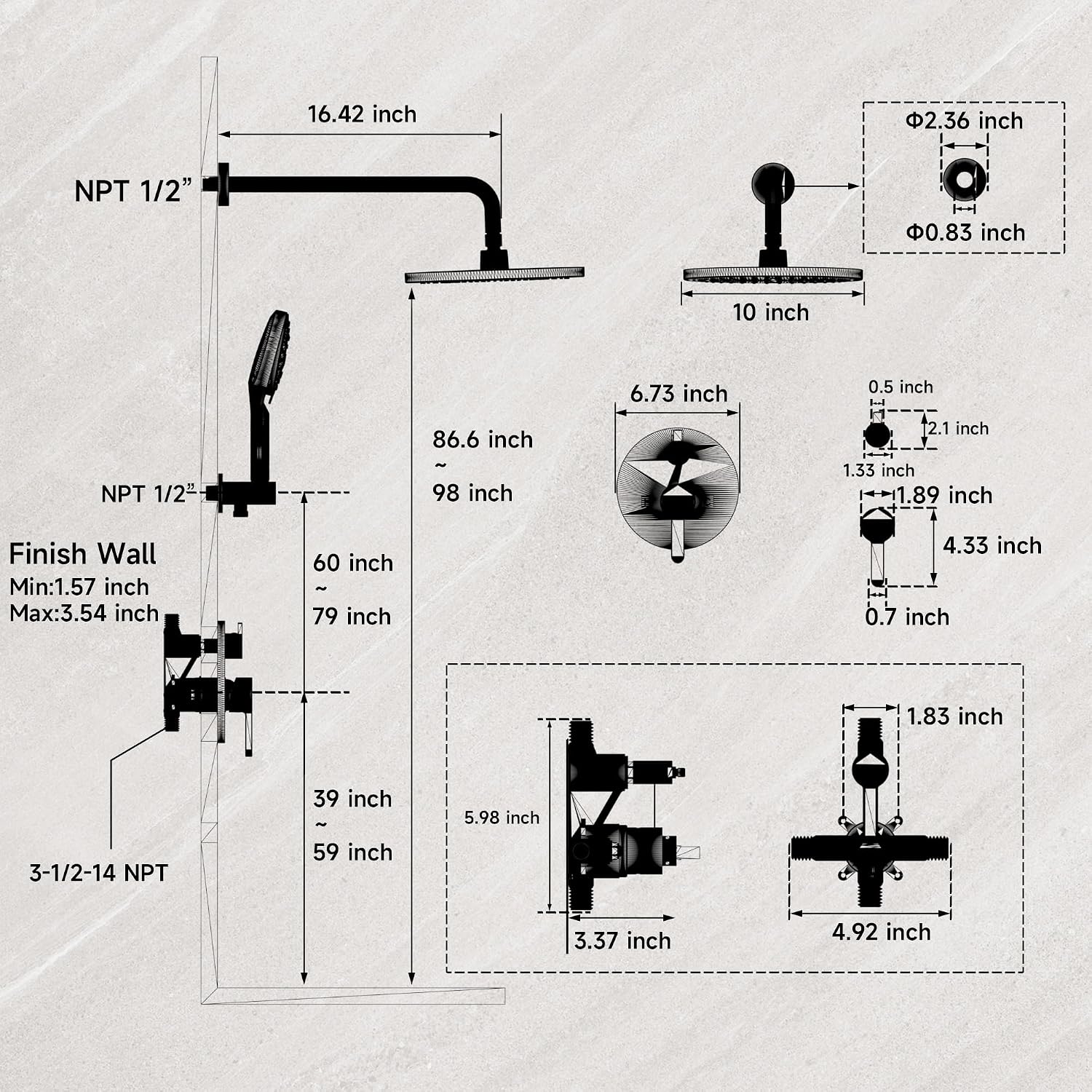 Brushed Nickel Shower Faucet Set with Valve 10 Inches Rainfall Shower Head Combo Set, Wall Mount Shower Fixtures Shower Head System with 6 Function Handheld