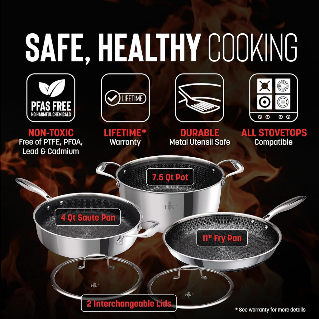 Hell's Kitchen 5-Piece Hybrid Cookware Set, Tri-Clad Stainless Steel & PFAS-Free Ceramic Nonstick, no PFOA, no PTFE, no Teflon, Non Toxic Cookware, Metal Utensil Safe, All cooktops & Oven Safe