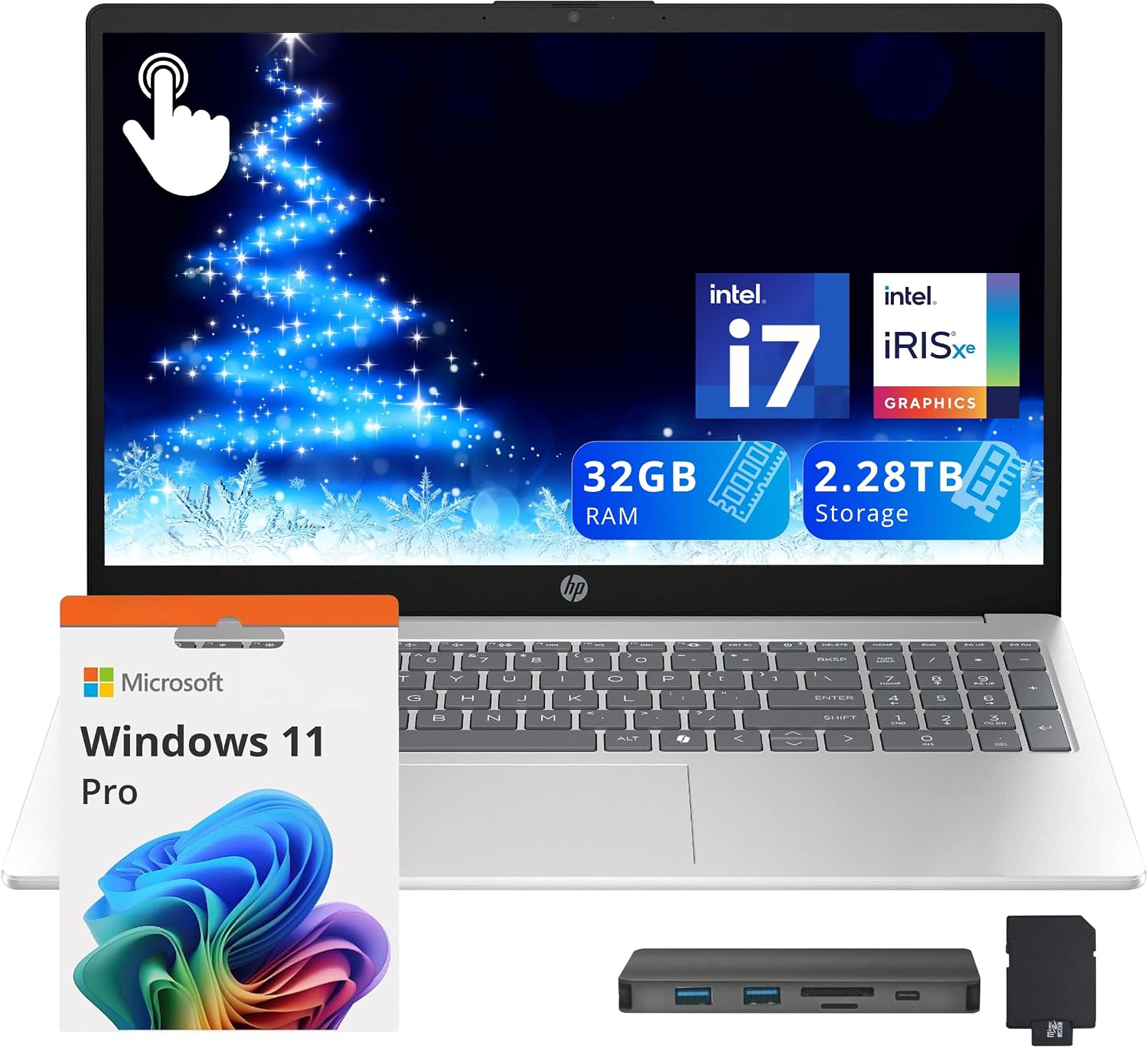 HP 15.6' FHD Touchscreen Laptop, Intel i7-1355U, 32GB RAM, 2.28TB Storage(2TB SSD+288GB Docking Station Set), Intel Iris Xe Graphics, Numeric Keypad, 720p HD Camera, Wi-Fi 6, Win 11 Pro, Silver